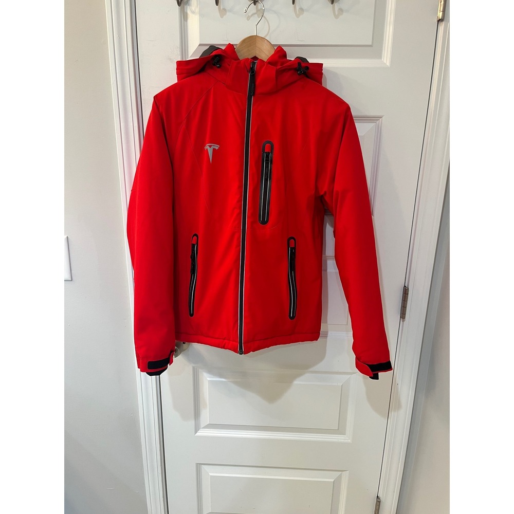 Tesla Motors Womens Red Softshell Puffer Jacket Detachable Hood Full Zip Small